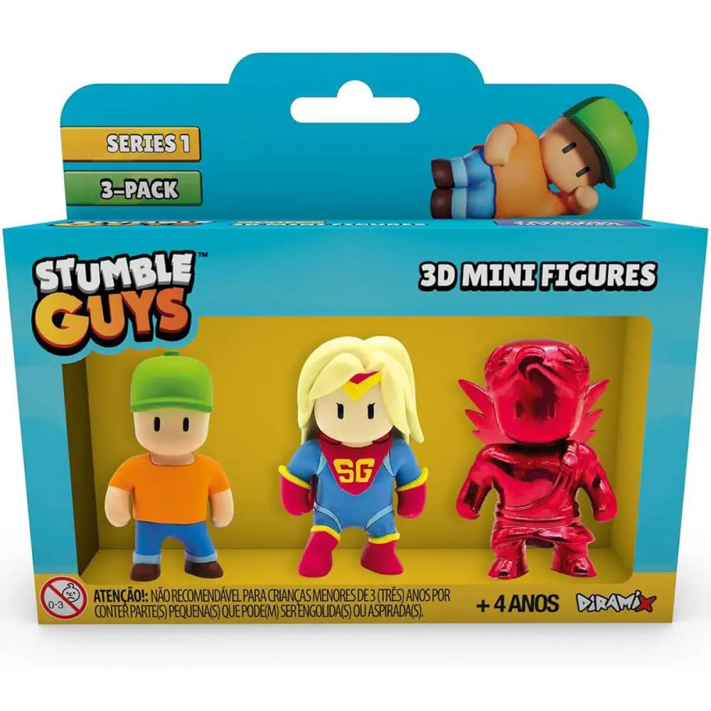 PACK COM 3 MINI FIGURAS STUMBLE GUYS MR STUMBLE / SUPER GAL / RUBY CUPID ESTRELA