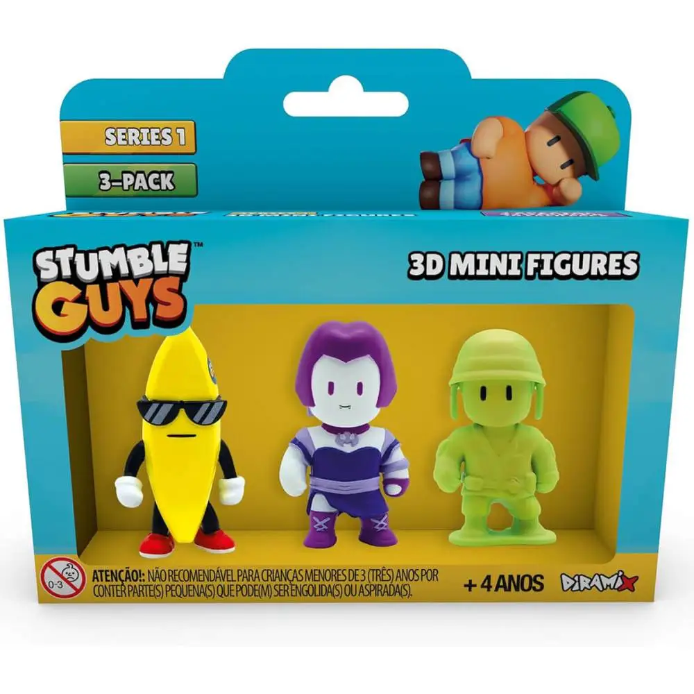 PACK COM 3 MINI FIGURAS STUMBLE GUYS BANANA GUY / LILITH NIGHTSHADE / ARMY MAN ESTRELA
