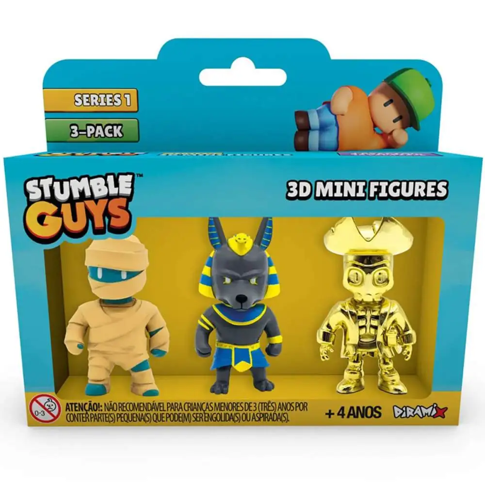 PACK COM 3 MINI FIGURAS STUMBLE GUYS HATSHEPSUT / ANUBIS / CAPT GOLDHEART ESTRELA