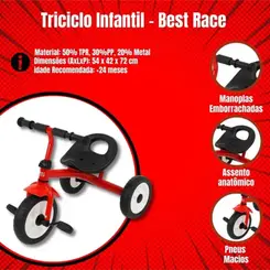 TRICICLO MOTOCA INFANTIL PRIMEIR INFANCIA BEST RACE PRETO E VERMELHO BBR
