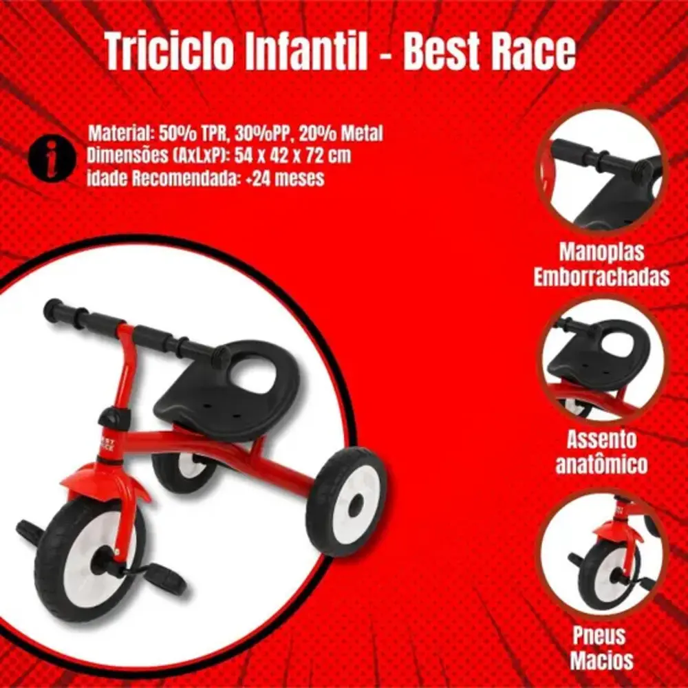 TRICICLO MOTOCA INFANTIL PRIMEIR INFANCIA BEST RACE PRETO E VERMELHO BBR